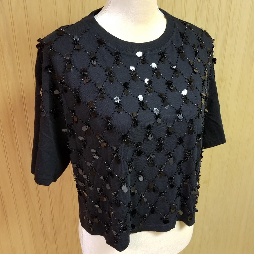 J. Crew Holiday Black Beaded Sequin Lattice Short Sleeve Jersey Crop Top L